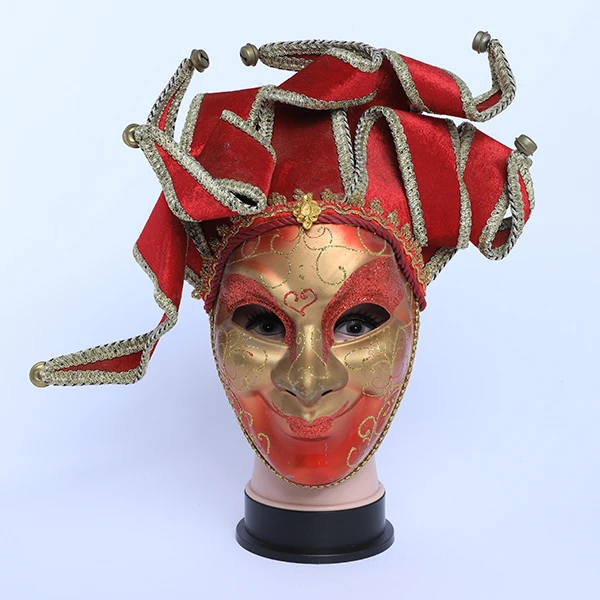 Full Face Gold & Red Carnival Jester Masquerade Mask with top Design