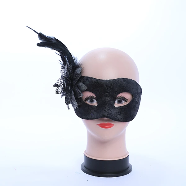 Black Velvet Mask with side Feather and Rose