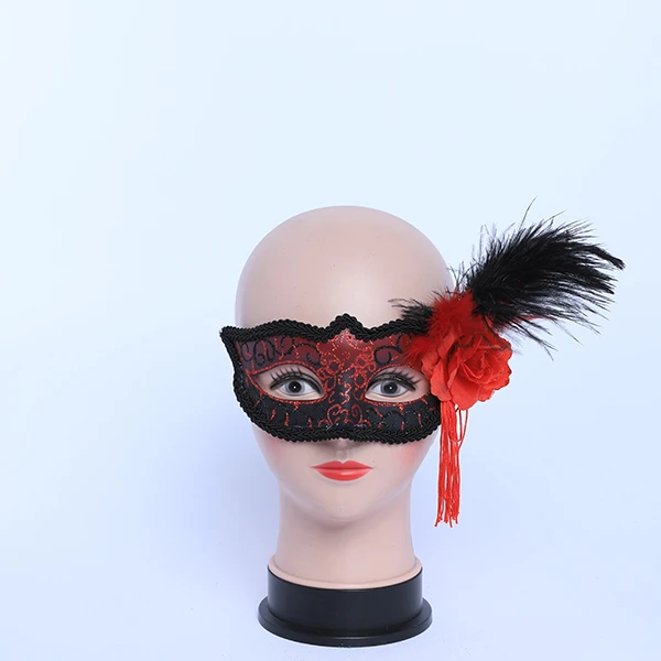 Red & Black Carnival Jester Masquerade Mask with side Feather