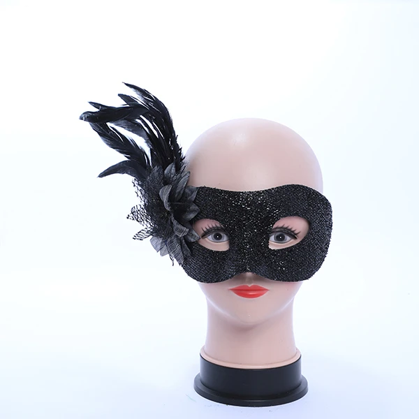 Hard Black Gluittered Mask with side Feather and Rose