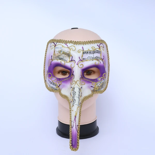 Half Face White&Purple Jester Masquerade Mask with Long Nose