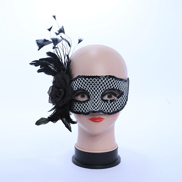 Black & Silver  Mask with side Feather and Rose