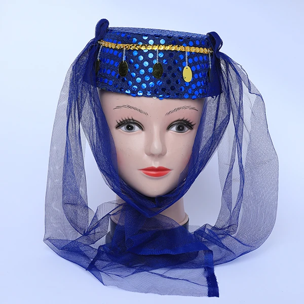 Dark Blue Paillette Sultana Style Hat with Red Tulle Scarf