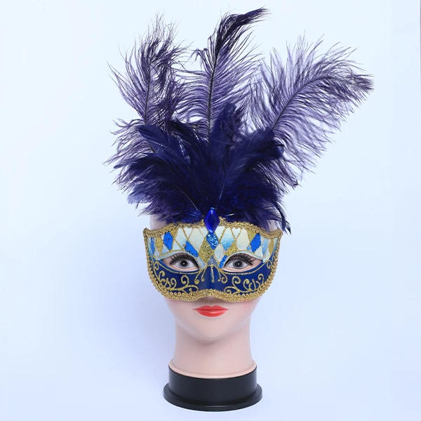 Black & Dark Blue Carnival Jester Masquerade Mask with Middle Long Feather