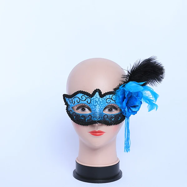 Light Blue & Silver Carnival Jester Masquerade Mask with side Feather